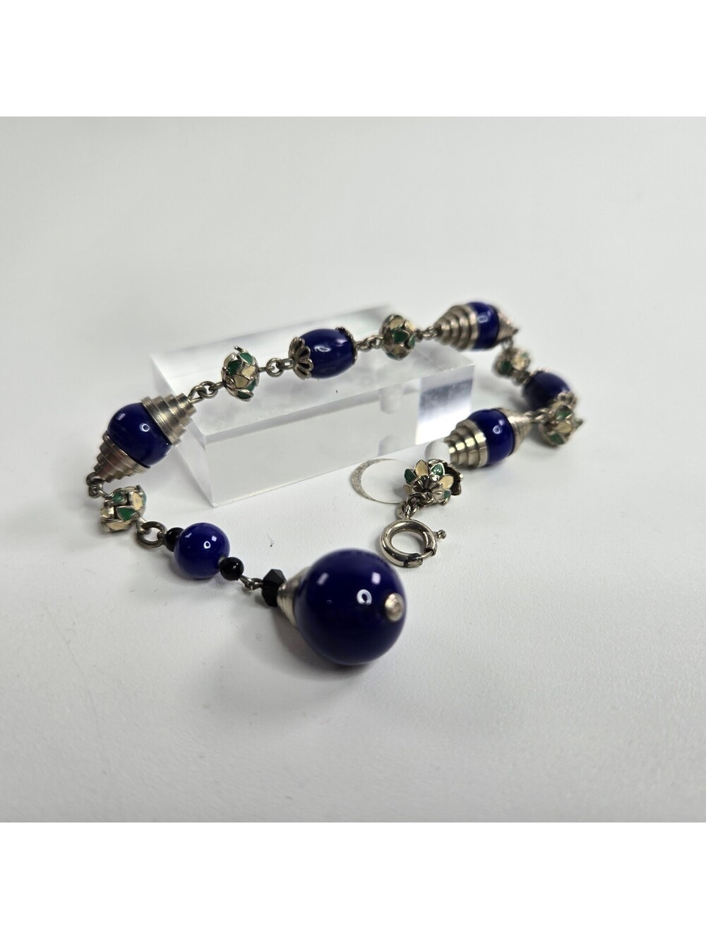 Vintage 1950s West Germany Blue Glass Beaded Bracelet Enamel Dangle Charm